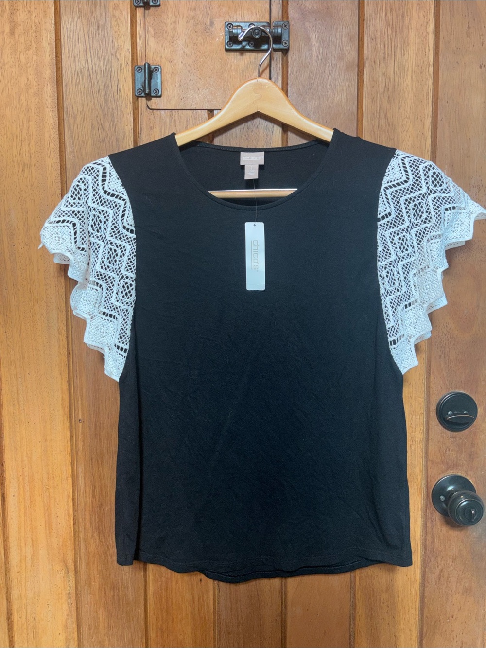 Chico’s Black Top with White Lace Flutter Sleeves - Women's Casual Blouse